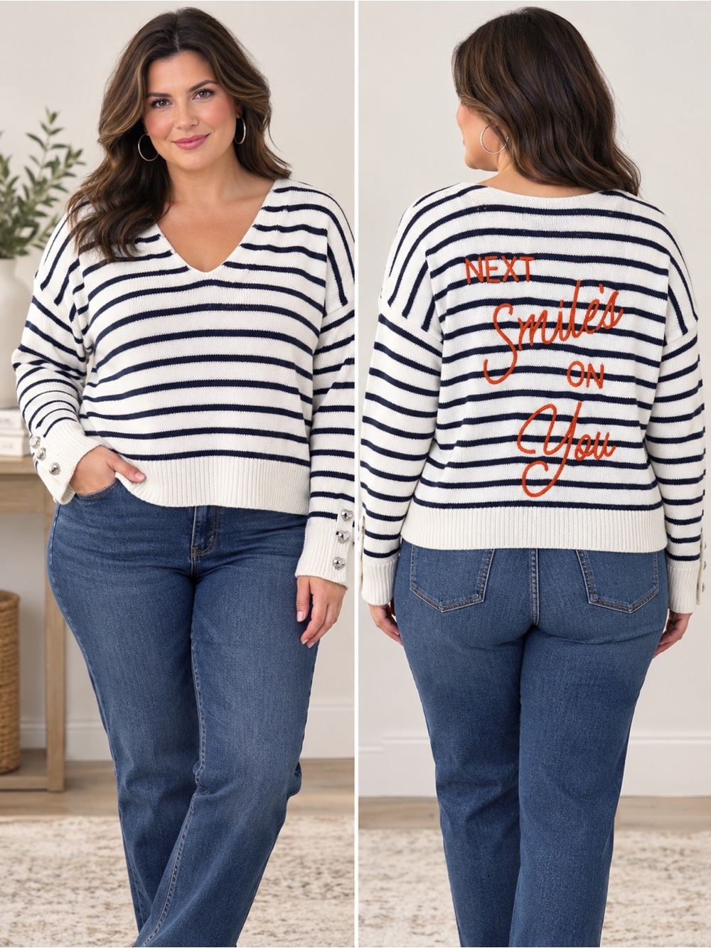 Kerri Rosenthal XO KR Next Smiles on You Striped V-Neck Sweater L